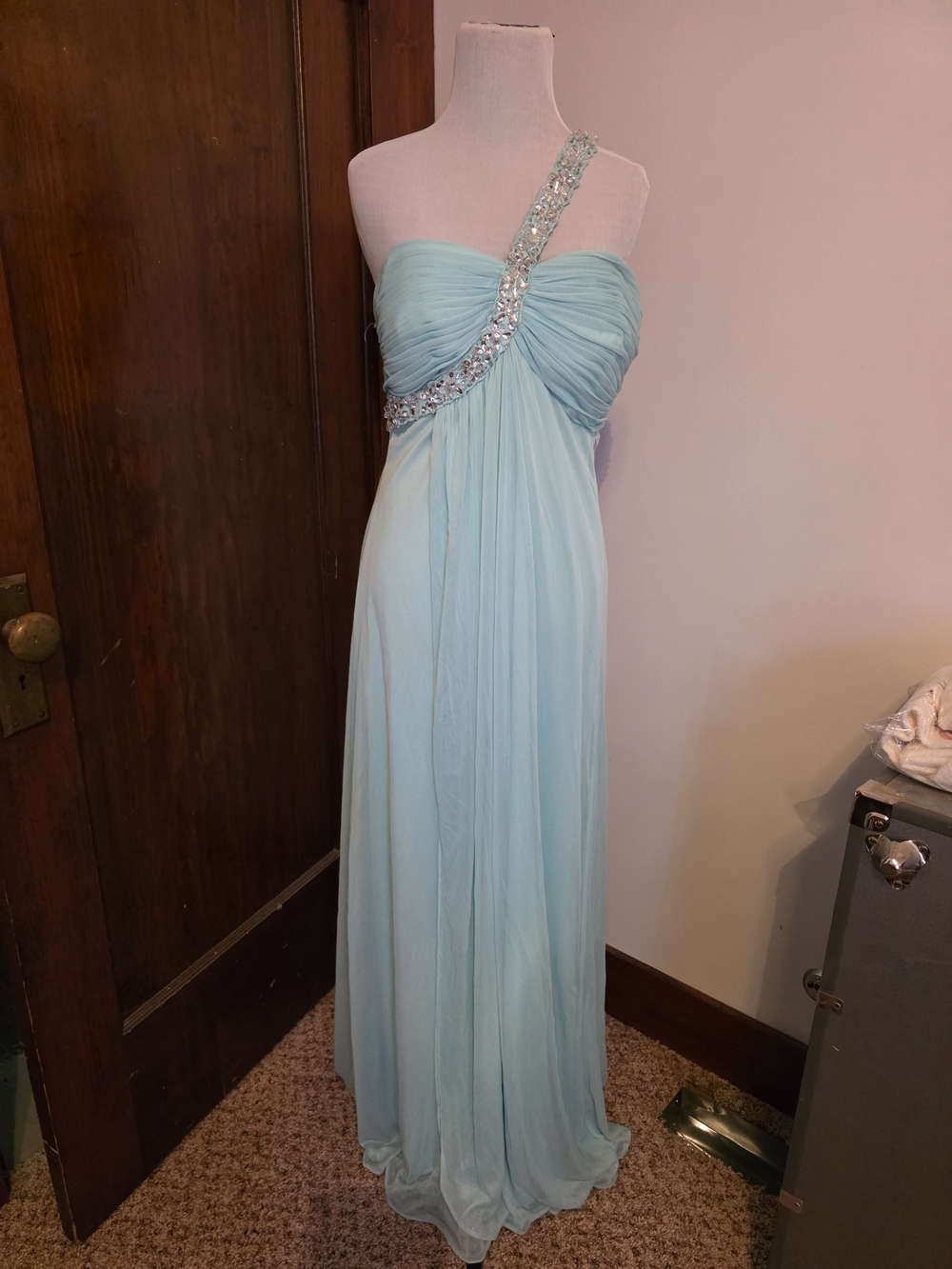 Cache One-Shoulder Light Aqua Evening Gown with Jeweled Strap